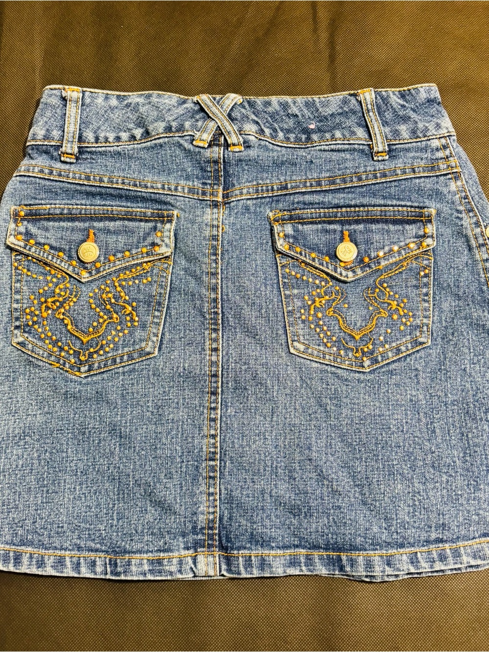 Y2K Girls Denim Skirt By 2B Real, Gold Studded, Back Pocket Embroidered Size 7/8